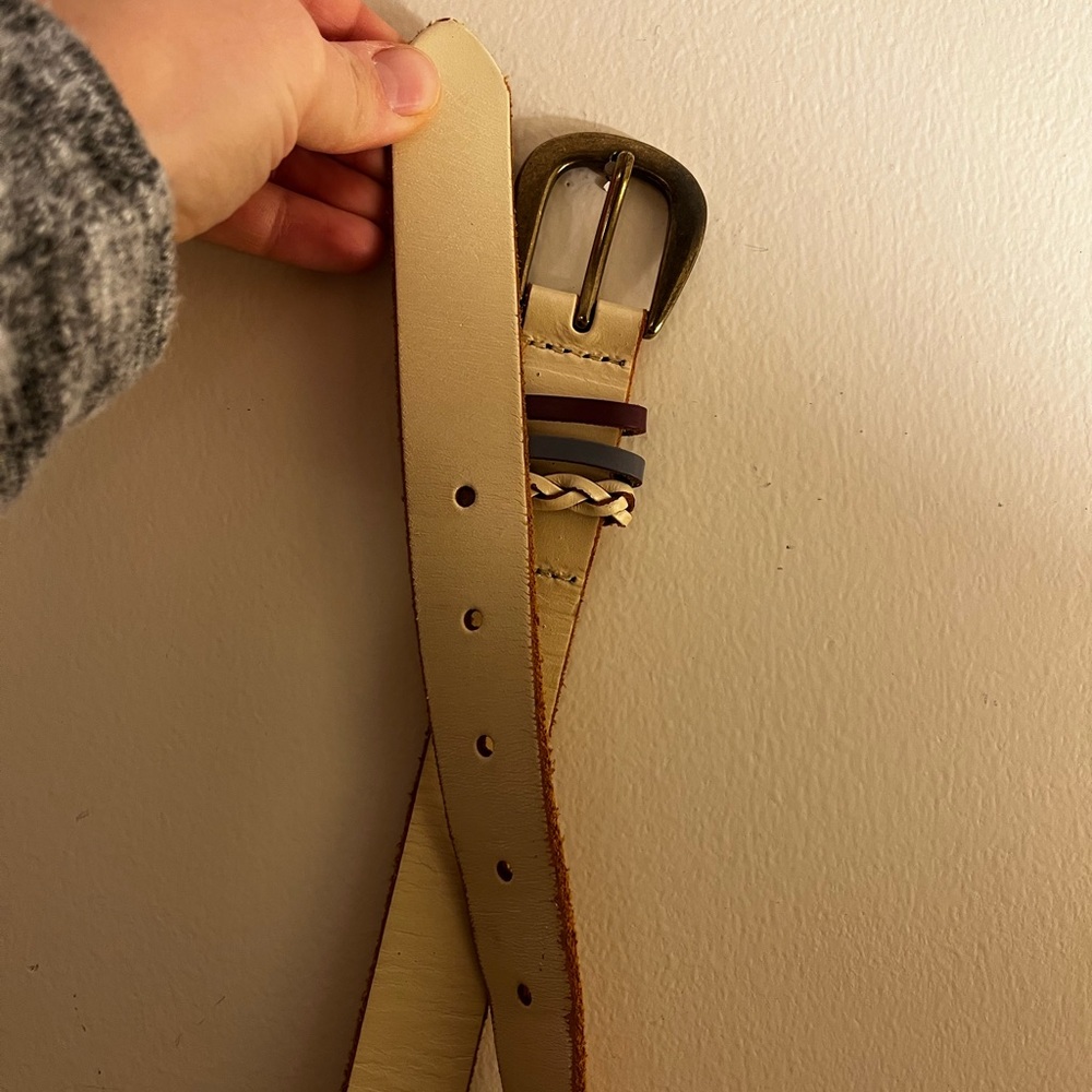 Cream genuine leather belt with braid detail